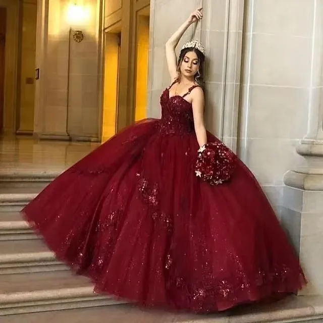 ANGELSBRIDEP Dark Burgundy Quinceanera ชุดประดับด้วยลูกปัดลูกไม้ Sweetheart XV Para เจ้าหญิง Vestido De 15 วันเกิด Party ที่กําหนดเอง