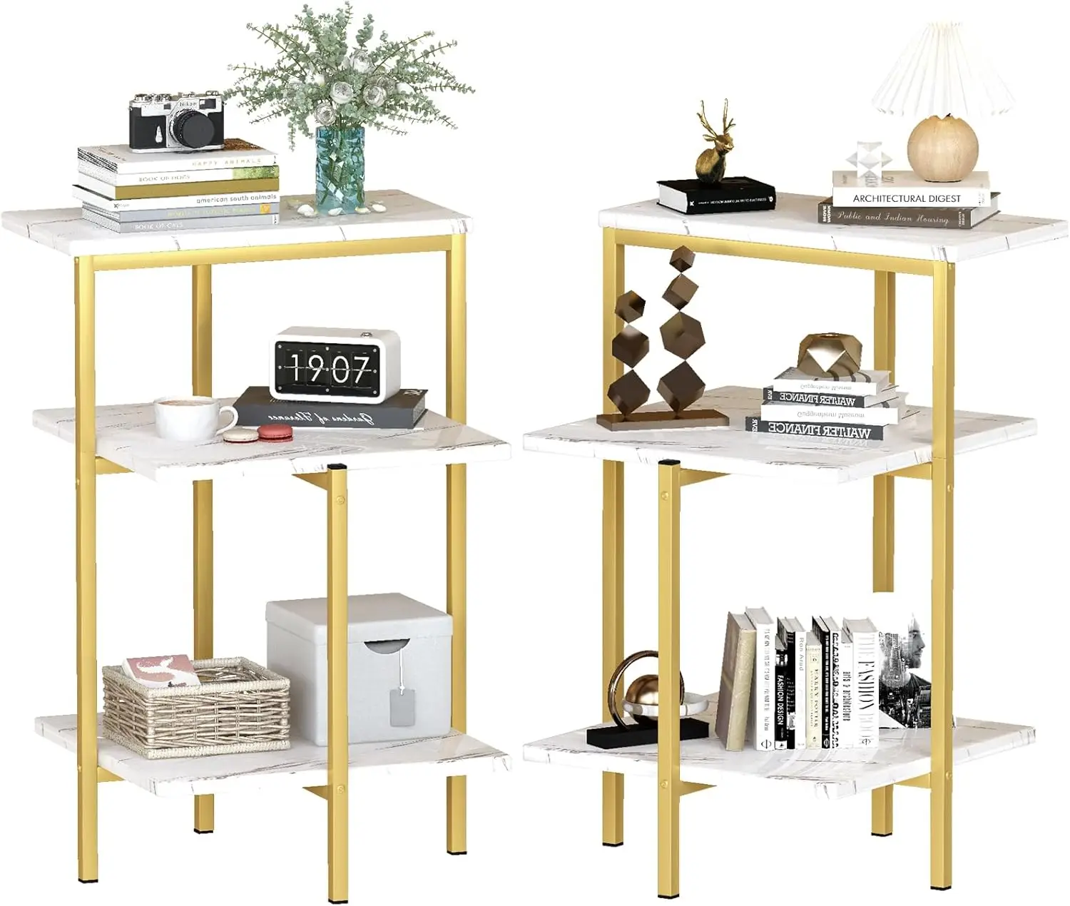 Gold End Table Set Of 2, 3-Tier Marble Coffe Table,Small Sofa Side Table Bedside Table, Rectangle Console Table W/Metal