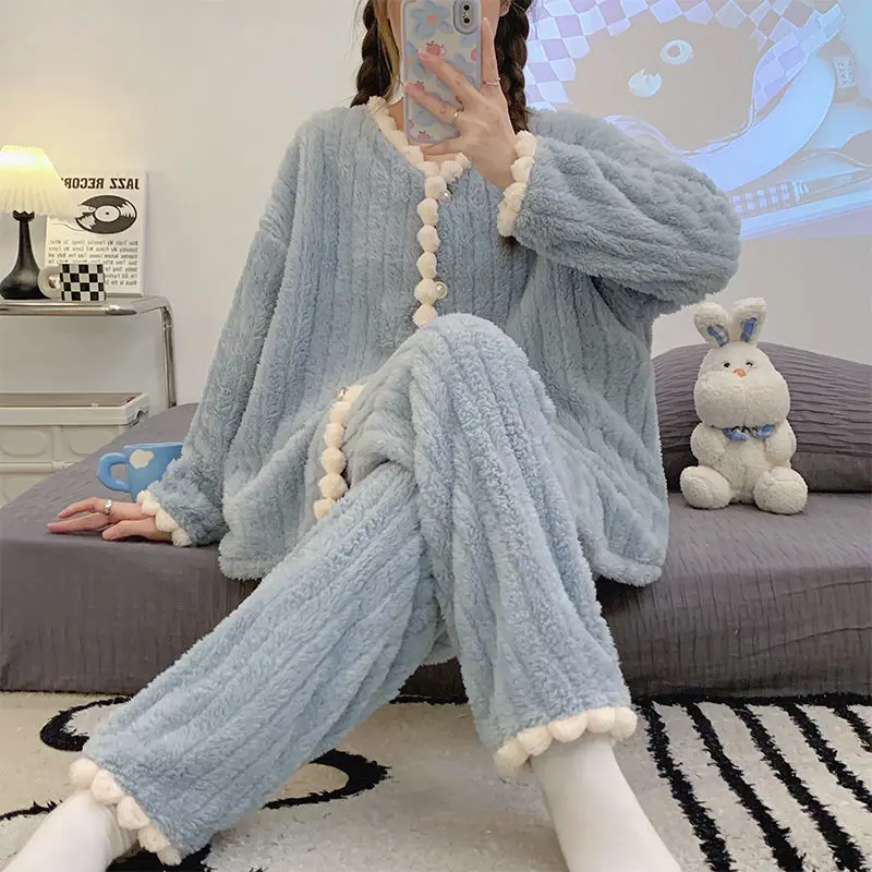 

Ruffles Sleepwear Women Pajamas Set Winter Fleece Velvet 2 Piece Pant Home Suit Sleep Fluffy Korean Piiama Solid Warm Night Wear