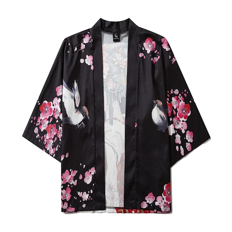 Bebovizi-ropa de calle de moda negra para hombres y mujeres, cárdigan Kimono con estampado de belleza, bata China Haori Obi, ropa tradicional