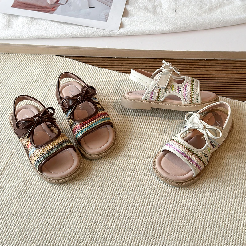 Kids Girls Bohemian Woven Bow Sandals Open Toe Soft Non-slip Thick Sole Casual Summer Shoes for Toddler Girls