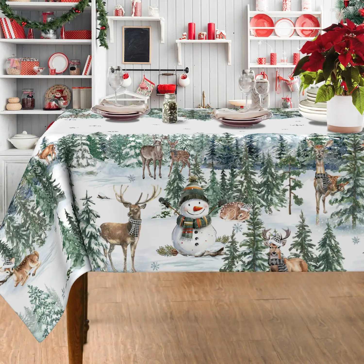Merry Christmas Snowman Deers Tablecloth for Table Decor Washable Winter Xmas Trees Polyester Table Cloth Christmas Decorations