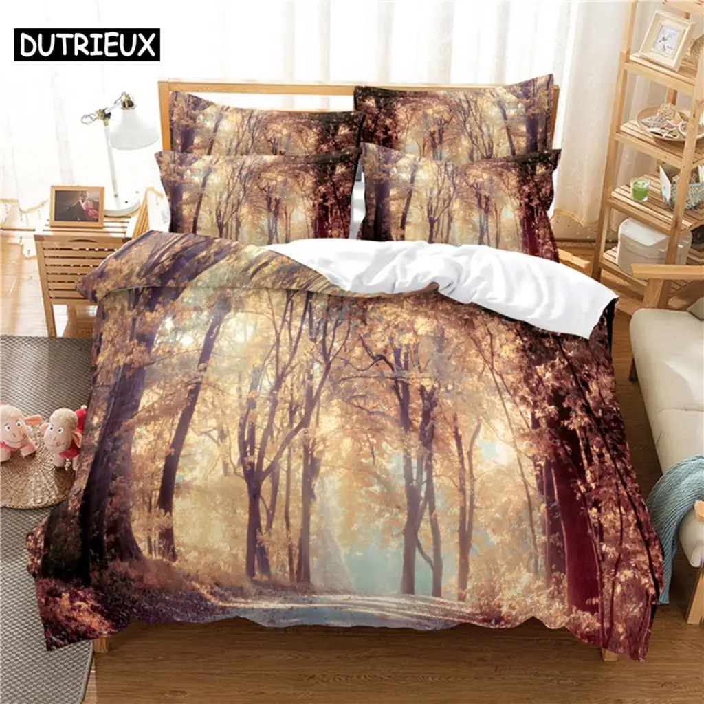 

3D Digital Printing Fashion Design Colourful Woods Bedding Set, Queen Size Duvet Cover Set
