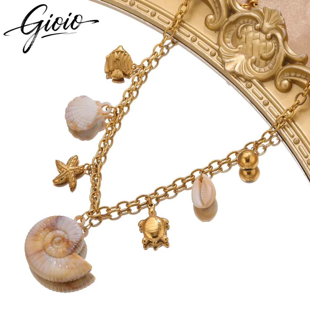 

GIOIO Stainless Steel Beach Conch Pendants Necklace For Women Starfish Sea Turtle Handmade Jewelry on the neck Vacation Necklace