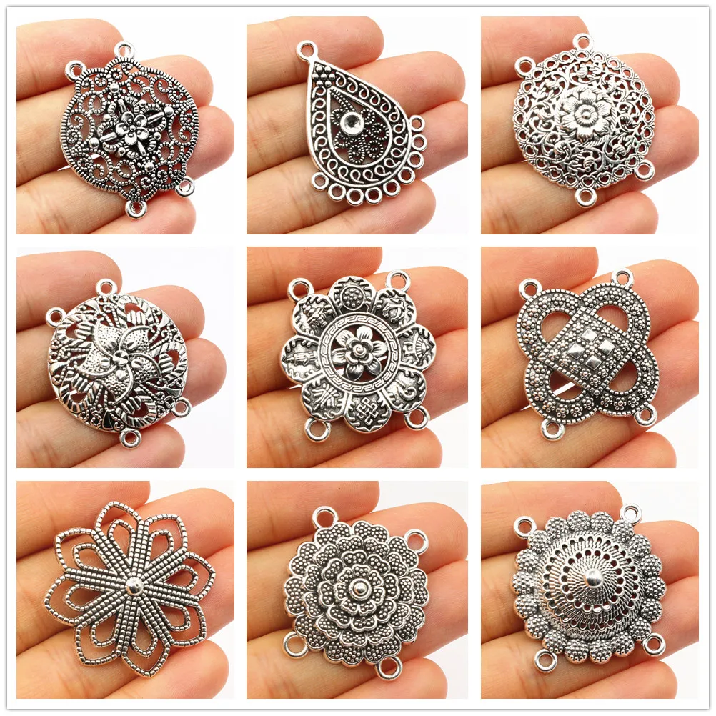 10pcs Antique Silver Plated Bohemian Vintage Flower Connector Charm Pendant DIY Necklace Bracelet Jewelry Making Accessories