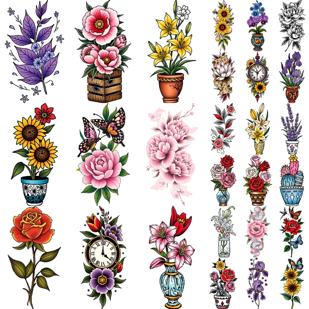 

28pcs Temporary Tattoo Pink Roses Waterproof Long-lasting Body Stickers Yellow Flowers Cactus Pot Temporary Tattoo Stickers For