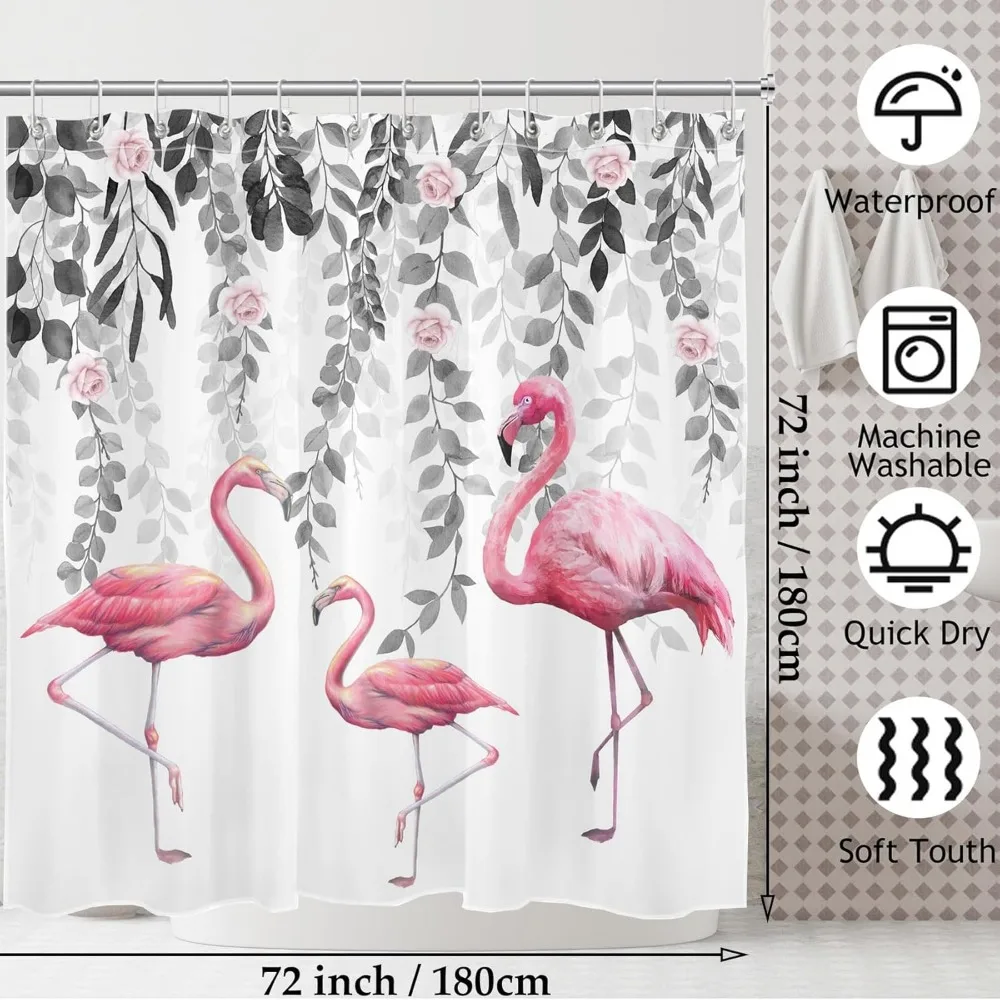 ม่านอาบน้ำฟลามิงโกสีชมพู ใบไม้สีเทา กุหลาบสีชมพู ม่านอาบน้ำลายดอกไม้สำหรับห้องน้ำ ชุดม่านอาบน้ำนกเขตร้อน กันน้ำ
