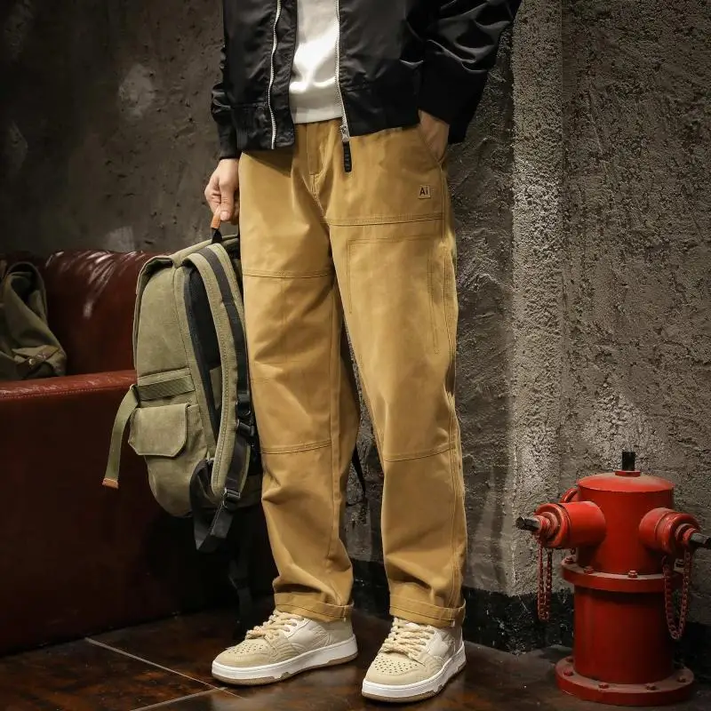 Spring Autumn New Solid Color Cotton Elastic Waist Cargo Pants Man High Street Casual Pockets Fashion All-match Loose Trousers