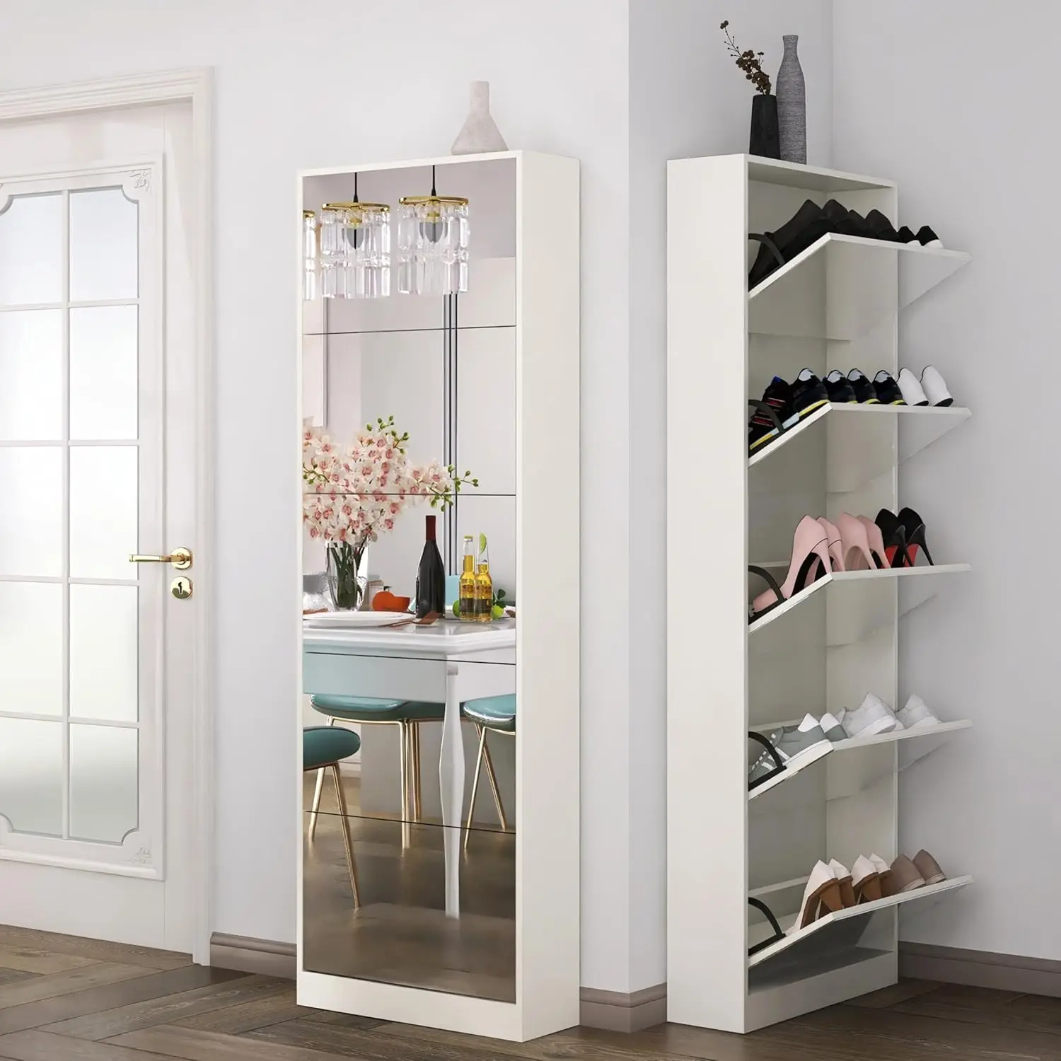 Shoe Cabinet With Mirror Drawers, Freestanding Shoe Rack Organizer With 5 Flip Drawers, Modern Full Length Mirror Shoe Storage