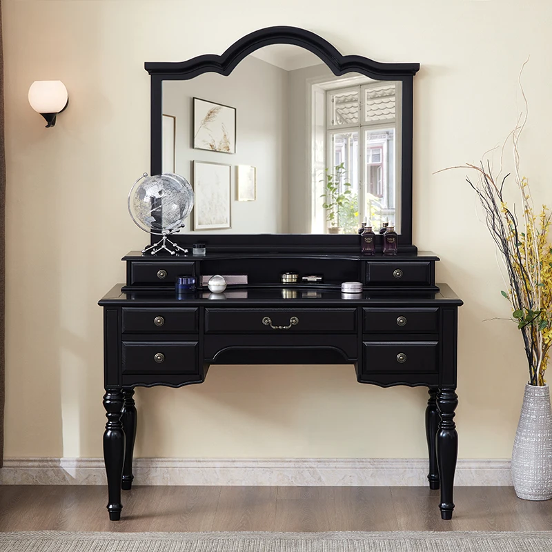 

Прически Черный деревянный туалетный столик для спальни Американский удобный зеркальный туалетный столик Стол для макияжа Ящики для парикмахерской Мебель