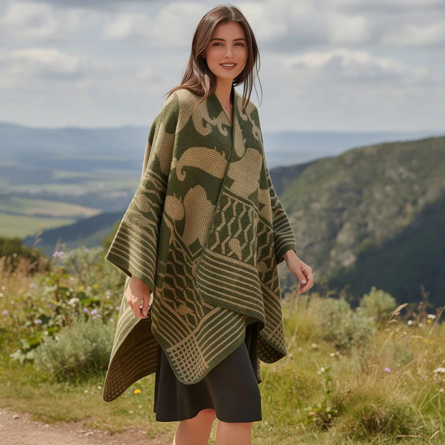 Women Geometric Jacquard Poncho Shawl Oversize Vintage Open Front Faux Cashmere Cape Autumn Winter Casual Travel Warm Wrap
