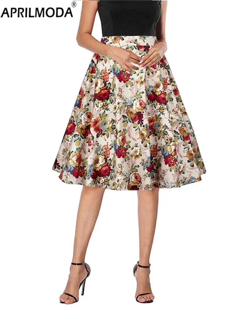 Women's Umbrella Skirt 50s 60s Pinup Rockabilly Floral Print A Line Summer Skirts Summer High Waist Vintage Large Swing Skirt