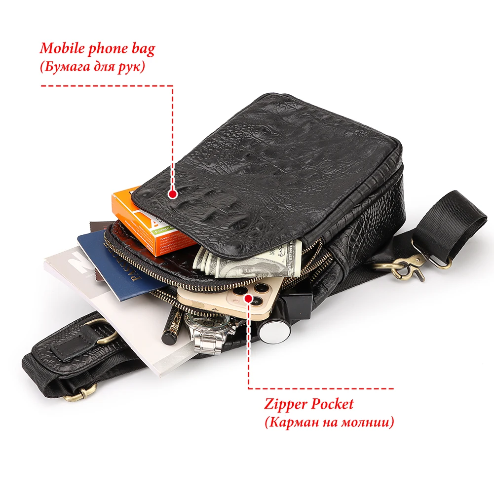GZCZ Classic Crossbody Bag For Men Layer Leather Crocodile Pattern Chest Bag Retro Mobile Phone Bag Outdoor Travel Bag