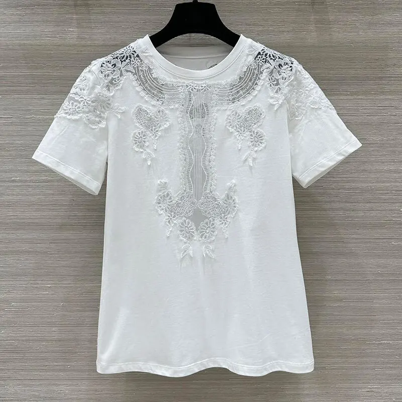 Classic Women's Cotton Lace T-Shirts Designer New Short Sleeve Round Neck Embroidery Sexy Slim Top 2 Color Elegant High Quality