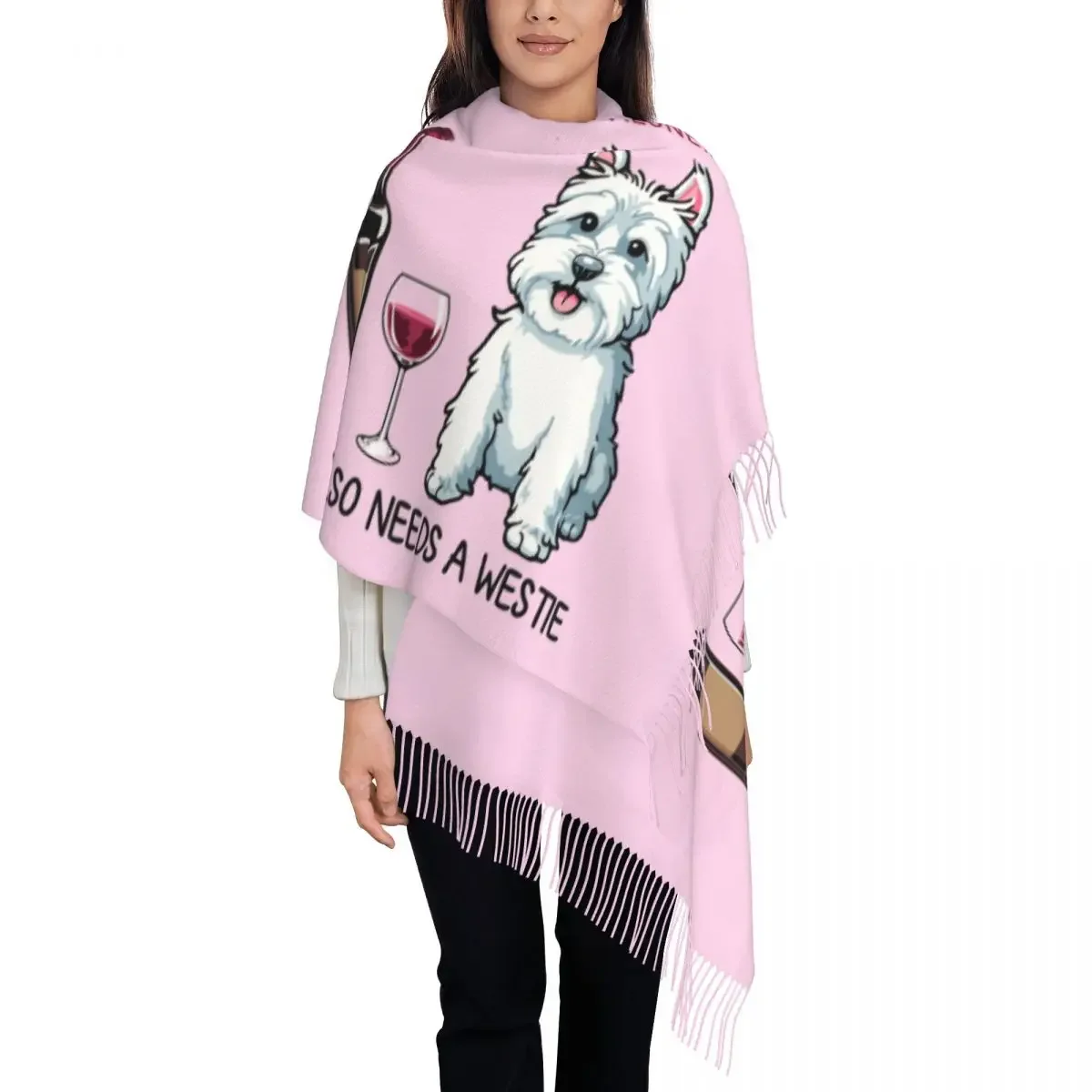 Ladies Long Westie And Wine Funny Dog Cartoon Scarves Winter Thick Warm Tassel Shawl Wraps West Highland White Terrier Scarf