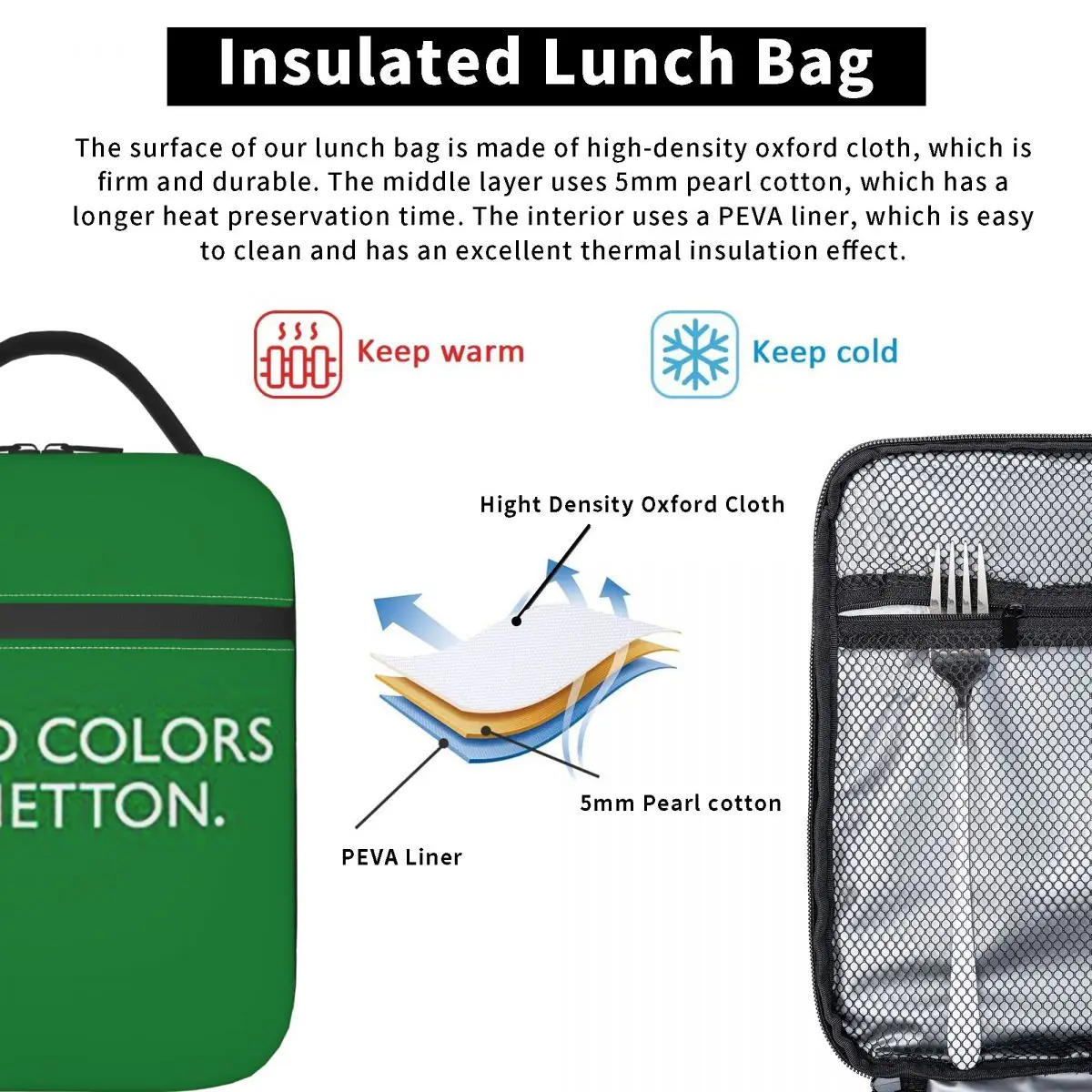 United Colors Of Benetton Insulated Lunch Bag for Women Office Cooler Thermal Food Box Tote Leakproof Lunch Boxes Container view 3