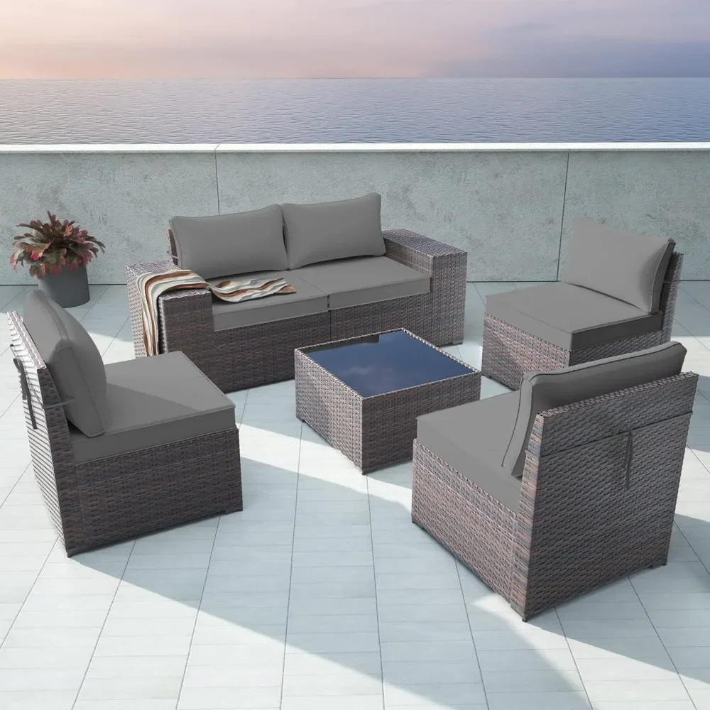 6-Piece Patio Furniture Set, All-Weather PE Rattan Outdoor Sectional with Replaceable Grey Waterproof Cushions and Coffee Table