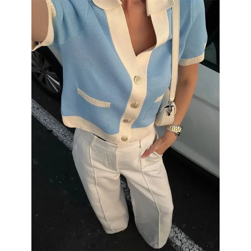 

Knit Sweater Cardigan Coat Female Pocket V-Neck Contrast Short Sleeve Patchwork Elegant Vest Women's Knitwear Cardigan Top