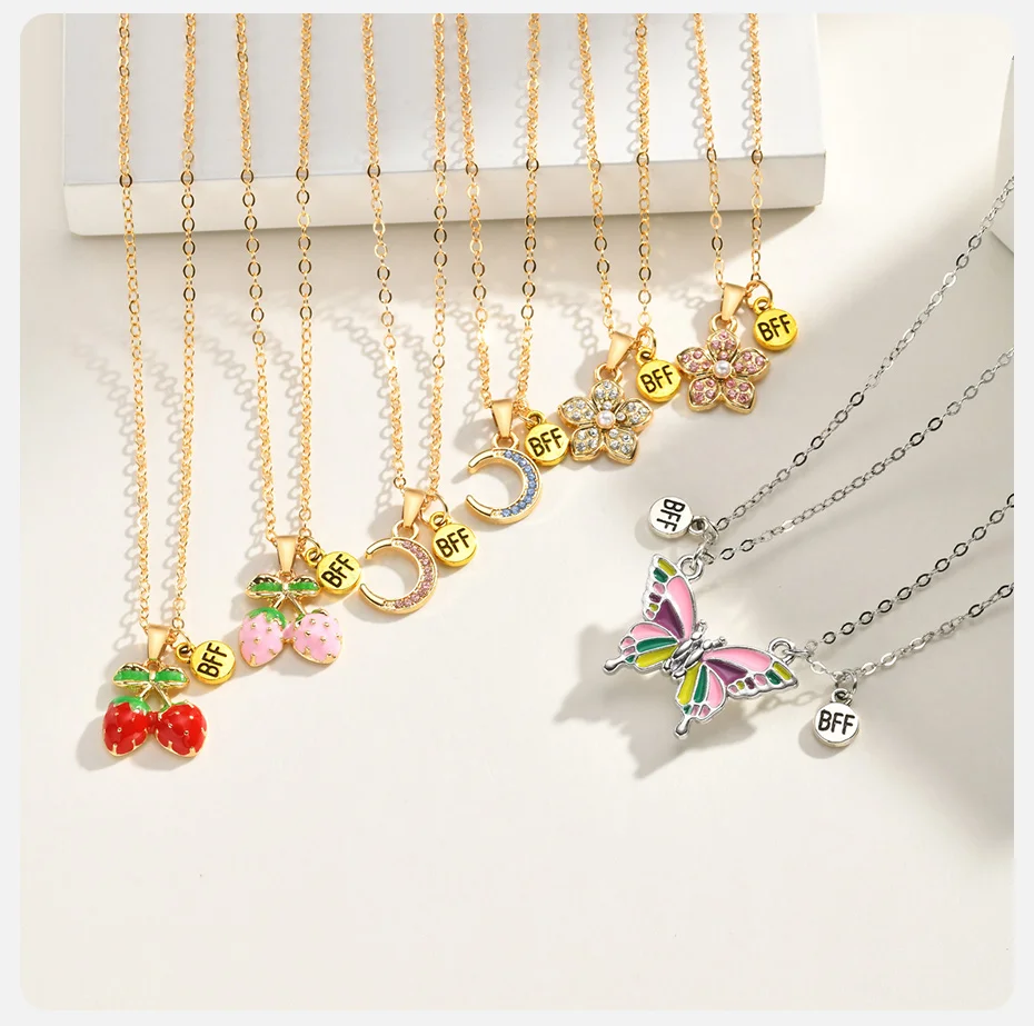 Vnox Neue BFF Freundschafts-Schmetterling-Anhänger Halsketten-Set Süße Erdbeer-Mond-Blumen-Charms Halskette Beste Freundin Geschenk Schmuck – Detail 7