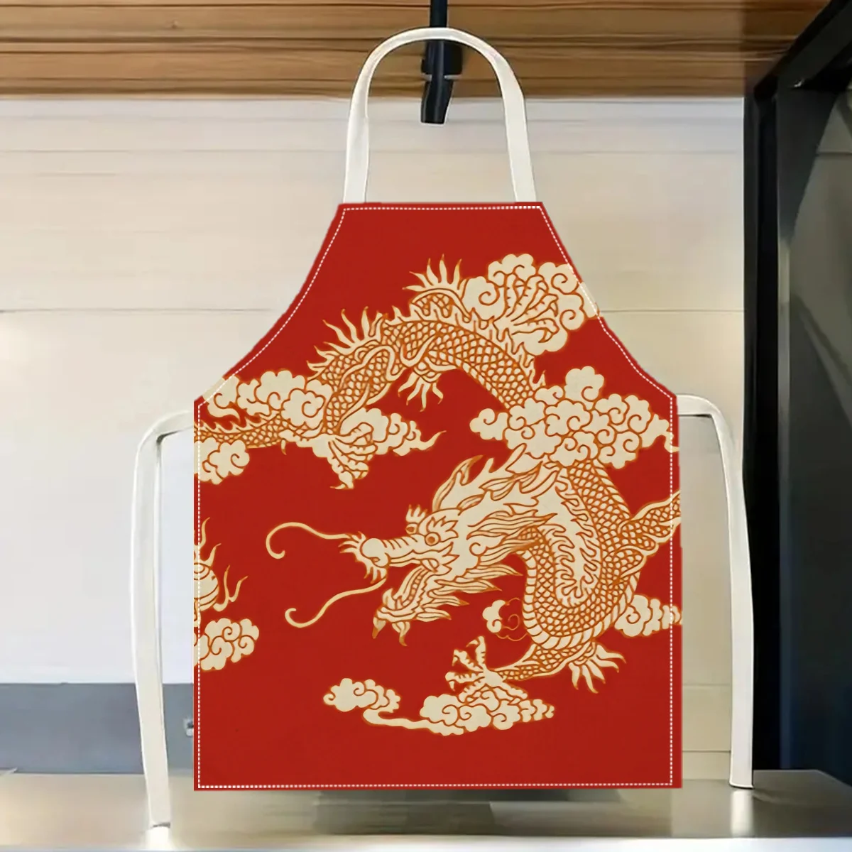 1pc Red Dragon Apron Linen Chinese Style Kitchen Cooking Baking Painting Gift For Men Women