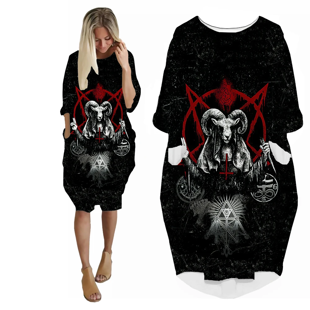 SONSPEE New Street Personality Horrible Hell Angels Women's Dress 3D Print Skirt Suits Lady Girl Horror Style Goat Loose Gown