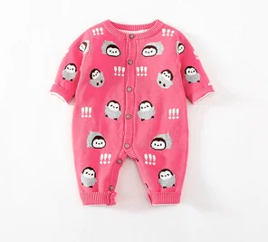 

Winter Newborn Girls Rompers Penguin Jacquard Knit Toddler Girl Jumpsuits Thicken Warm Kids Baby Girls Bodysuits Infant Overalls