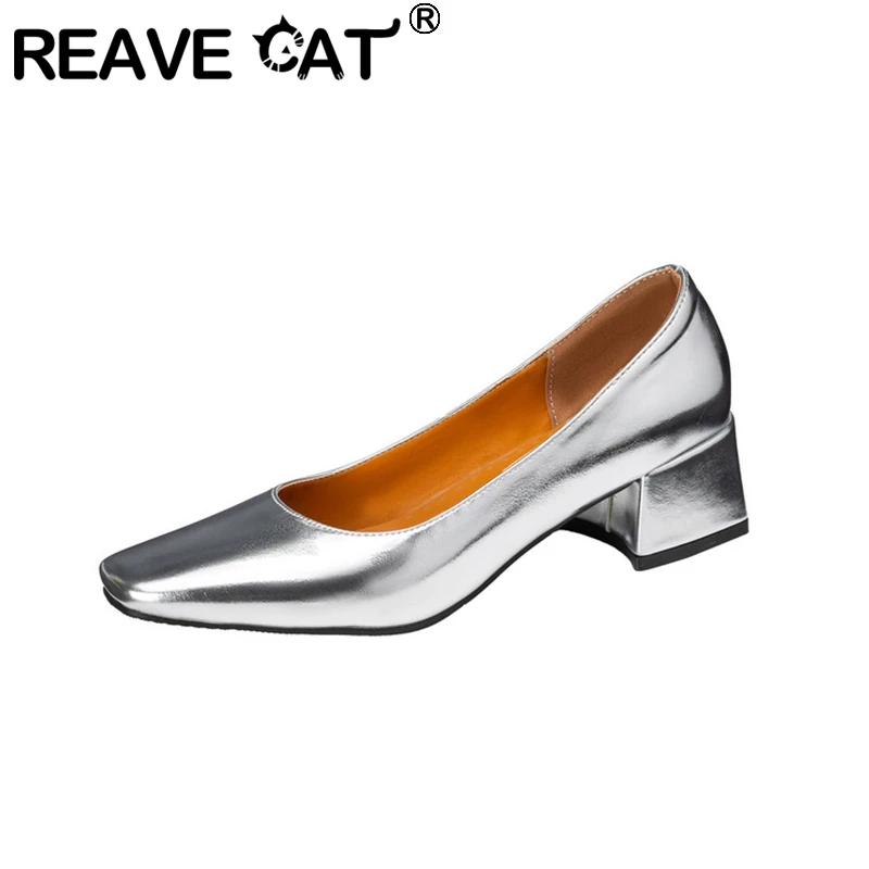 

REAVE CAT Весенние модные женские туфли-лодочки из искусственной кожи с квадратным носком 4,5 см, туфли без шнуровки черного, бежевого, серебристого цвета, большой размер 42, 43 45, 46 US15