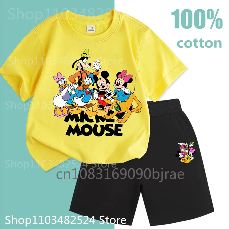 Summer Fashion Kids Disney Mikey House Pattern Print 100% Cotton T-shirt Sets Trend Boys Round Neck Short Sleeve Girls Cute Sets