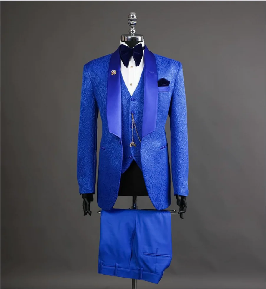 

Mens Suit Royal Blue Jacquard 3 Pieces Shawl Lapel Costume Homme Groomsmen Wedding Suits Groom Tuxedos (Blazer+Vest+Pants)