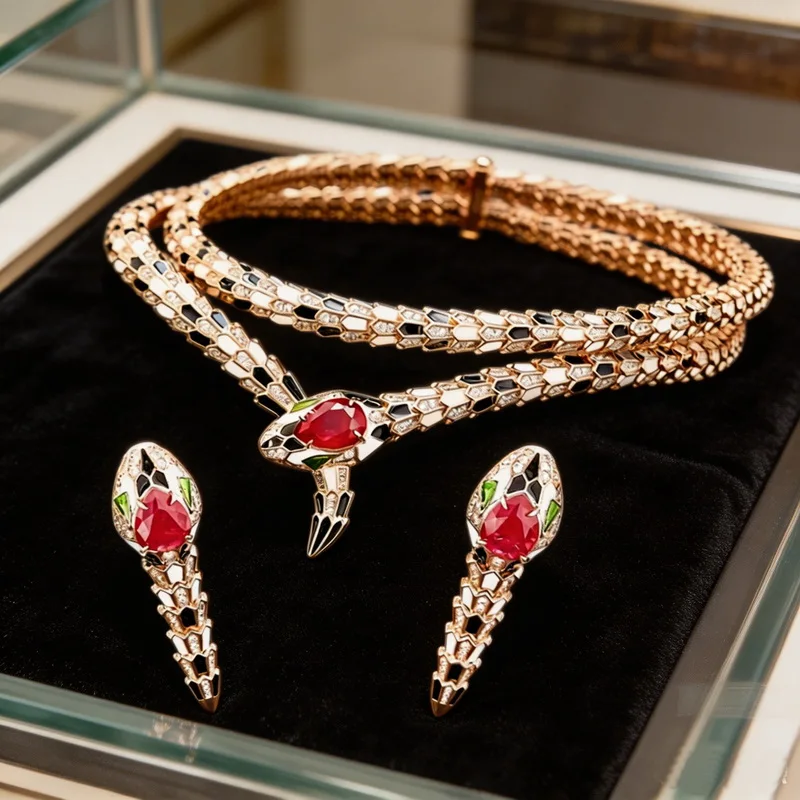 

Light Luxury Snake Jewelry Set 18K Gold Plated Exaggerated Red Cubic Zirconia Serpent Necklace Earrings Women Dinner Party Gift