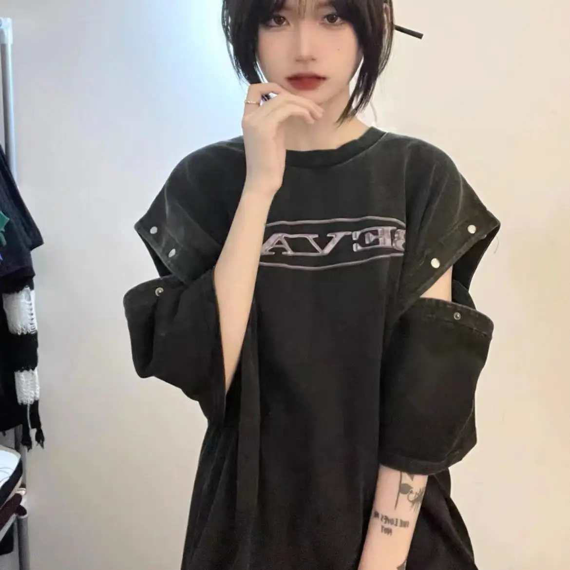 

Wash Bla Short-sleeved T-shirt Women's Design Sense American Oversize Trend Brand Lovers Tops 2023 Summer High Street Goth Shirt