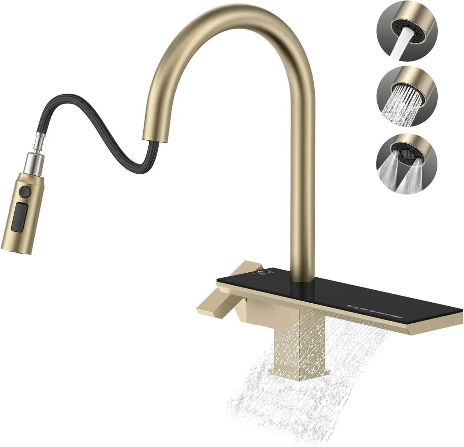 Waterfall Kitchen Faucet with Pull Down Magnetic Sprayer Brushed Gold,Stainless Steel,4 Functions,Single-Hole,Sigle-Han