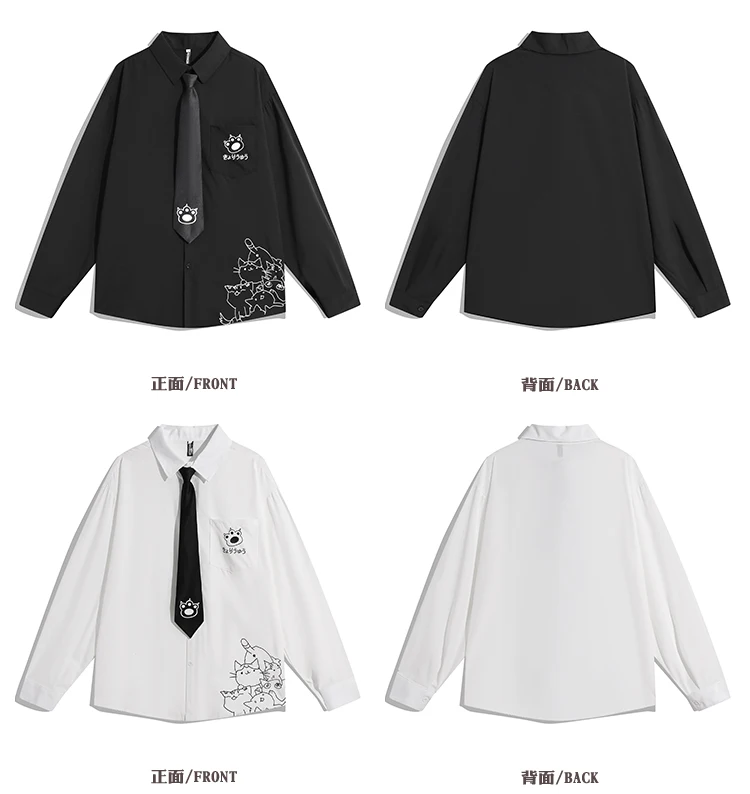 2025 Spring and Autumn Japanese Retro Print Cat White Long Sleeve Shirt College Style Couple Casual Loose Black Shirt