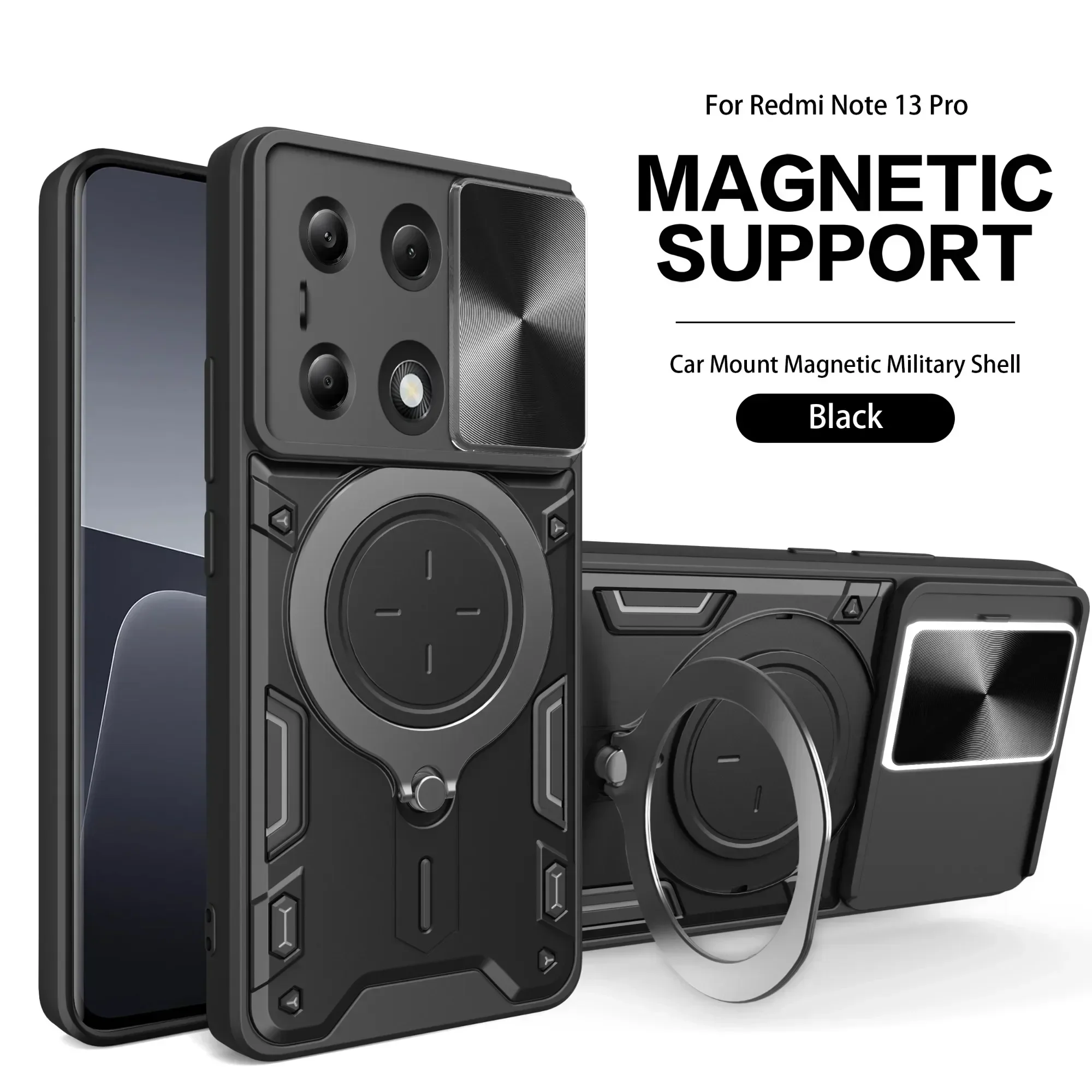 

Shockproof Magnetic Silicone Phone Case for RedmiNote14 4G 163 164 14ProPlus Slide Camera Lens Ring Stand Protection Cover Cases