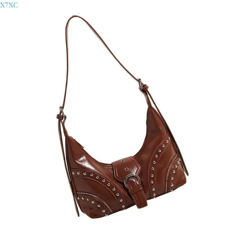 

X7XC Studded Dumplings Bag for Women Armpit Bag PU Leather Shoulder Bag Crossbody Bag