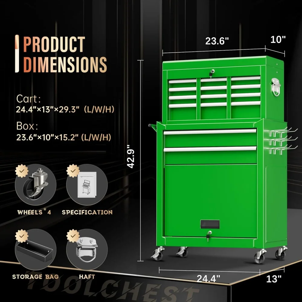 8 Drawer Tool Chest with Wheels, 2-in-1 Detachable Rolling Tool Box with Drawers, Large Tool Cart on Lockable Wheels