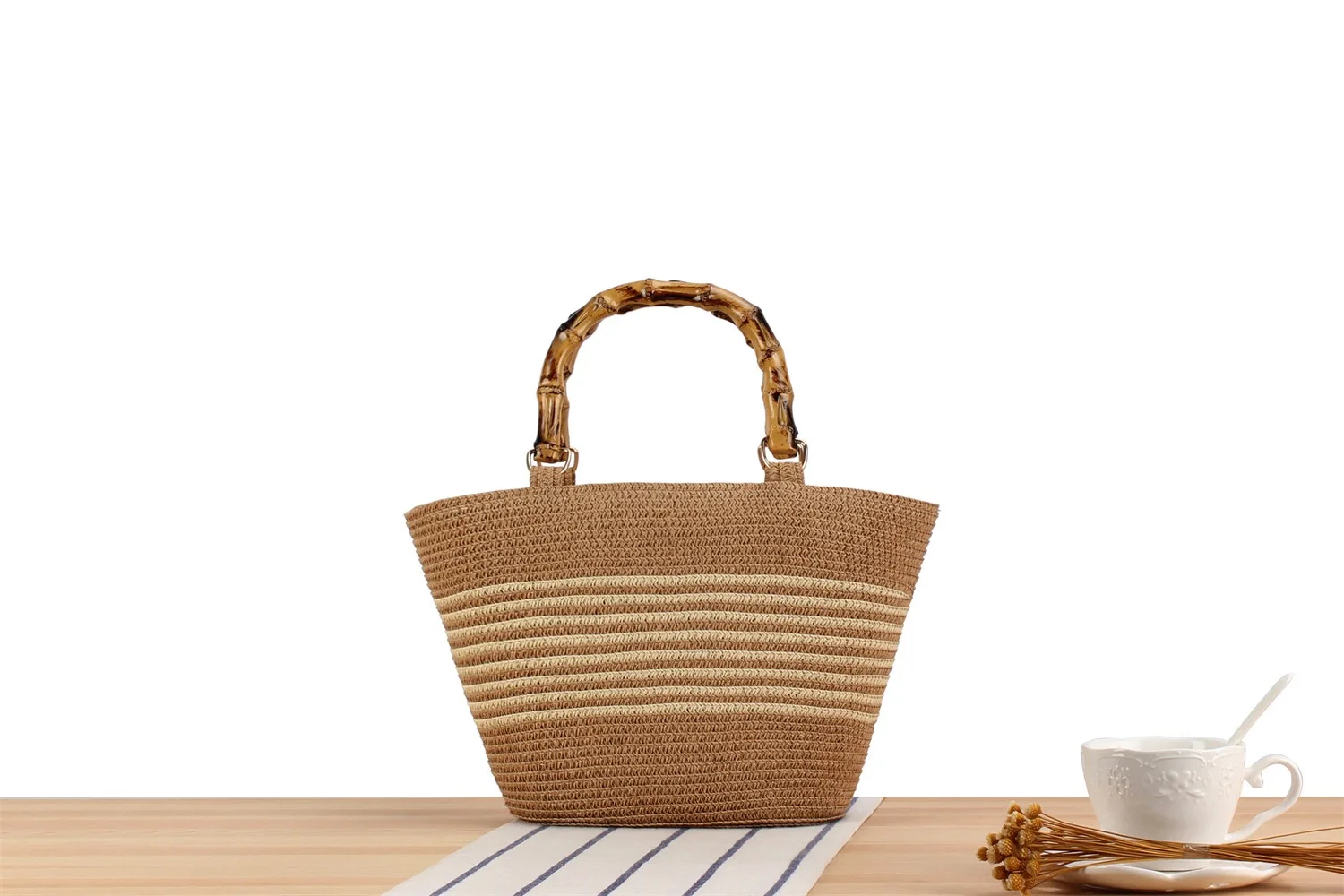 Borsa da spiaggia per le vacanze borsa di paglia retrò francese in bambù imitazione, borsa tessuta portatile a righe di grande capacità, borsa a