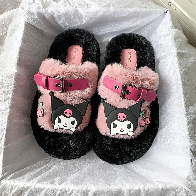 Sanrio Kuromi New Trend Fuzzy Slippers Y2k Girl Korean Fashion Thick Sole Shoes Women Cute Warm Plush Slippers Home Cotton Shoes