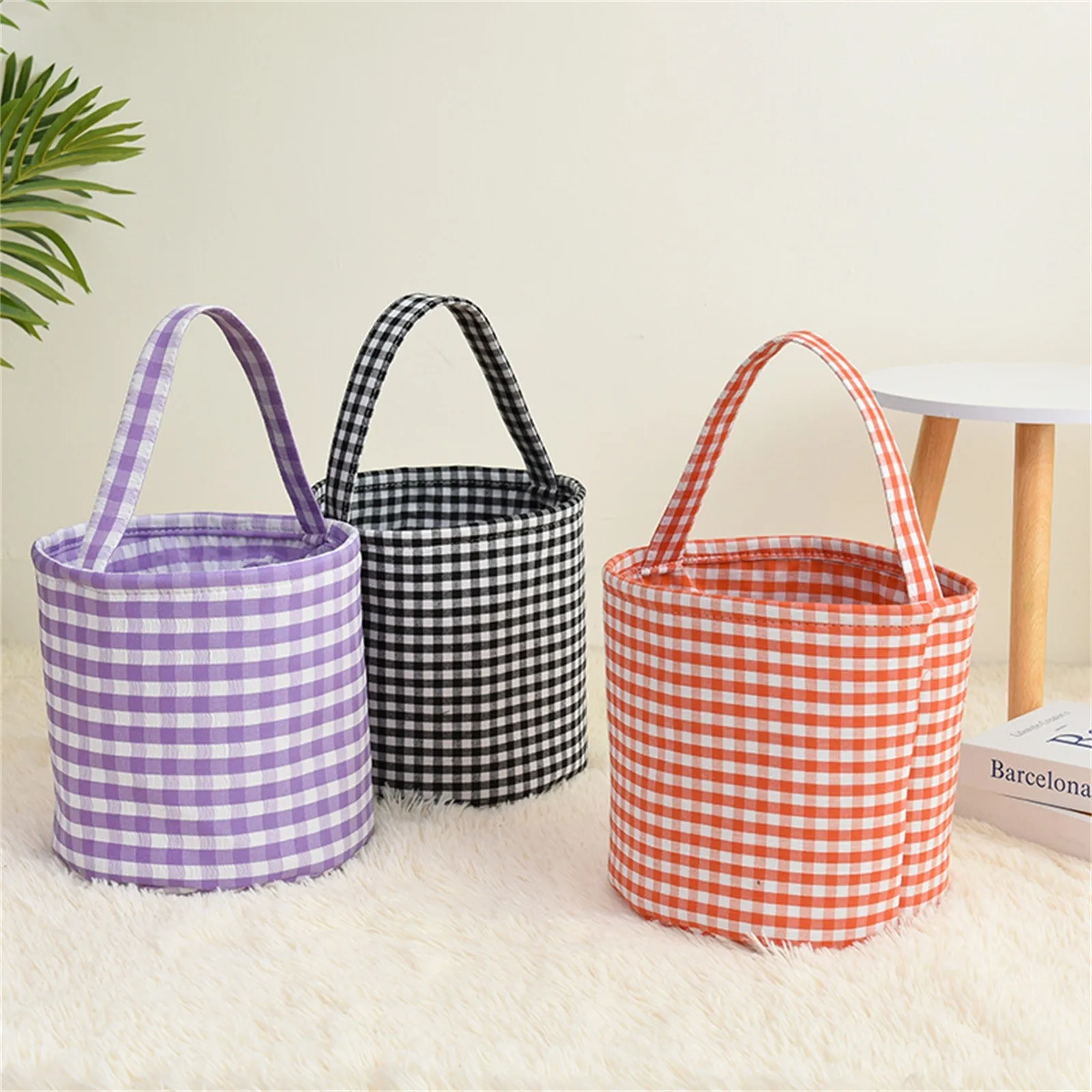 Halloween Gingham Tote Candy Bags With Gossip Jute Canvas Storage Bucket Portable Trick Or Treat Handbag Kids Party Gift