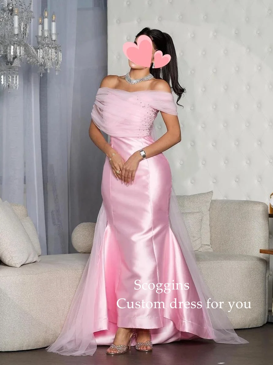 Scoggins Robes Bal De Promo Wedding Dress Sweet Pink Mermaid Beading Boat Neck Customize Formal Occasion Prom Dress Evening Part