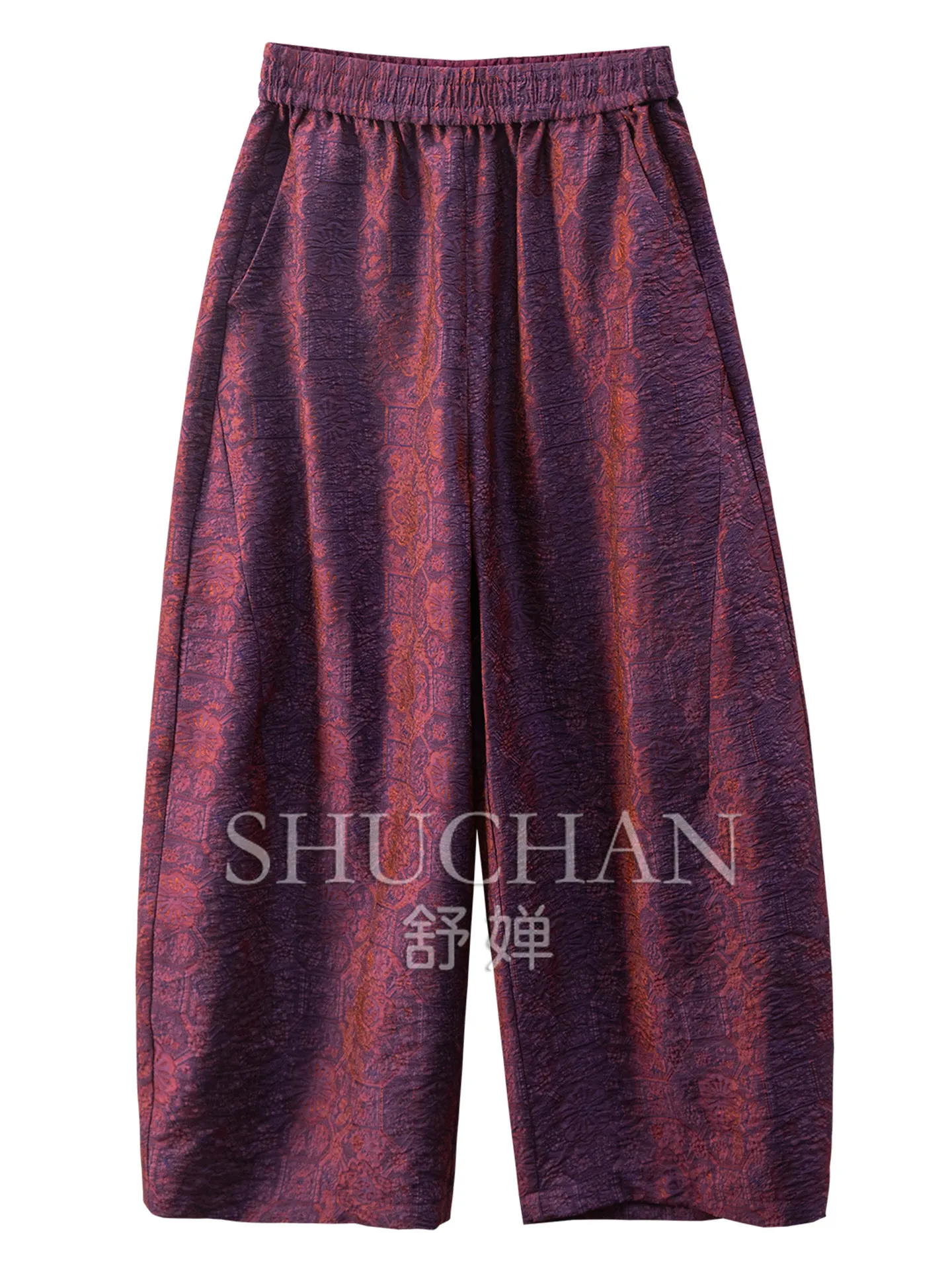 New Chinese Pant High Quality and Cost-effective Dark Pattern Jacquard Wide-leg Sickle Nine-point Pants Women's 70L5