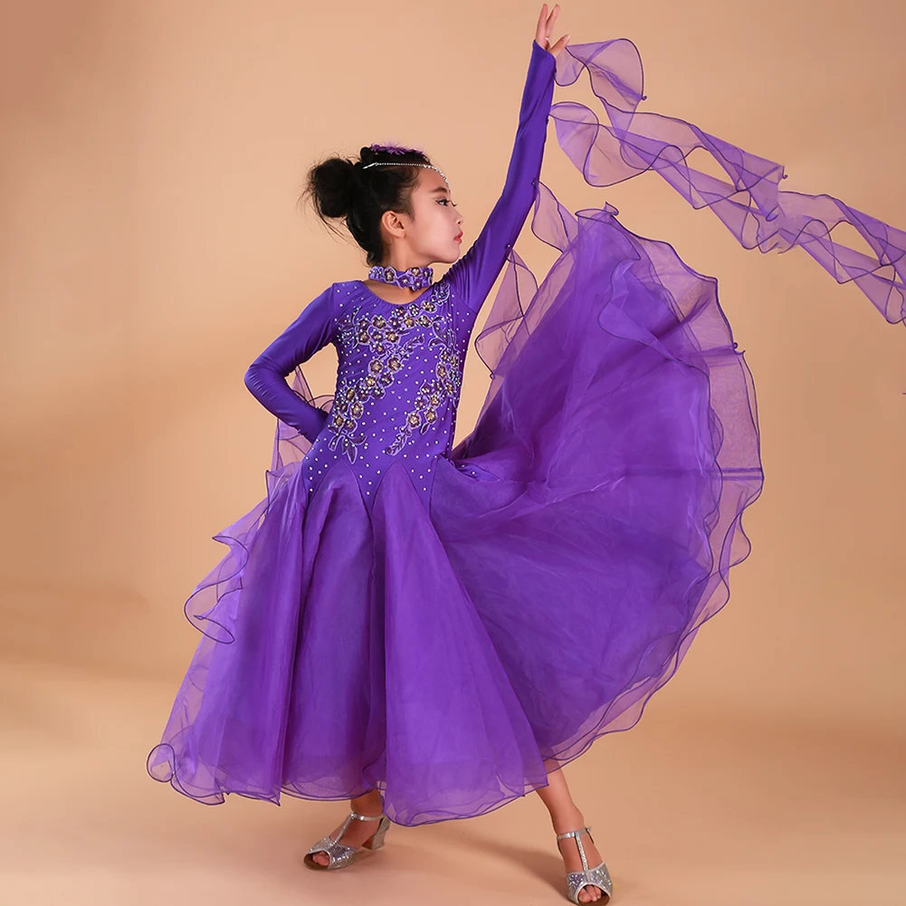 Competition Children's Dance Dress Standard Long Sleeve Purple Prom Girls Dress Yellow Modern Waltz dress Ribbon