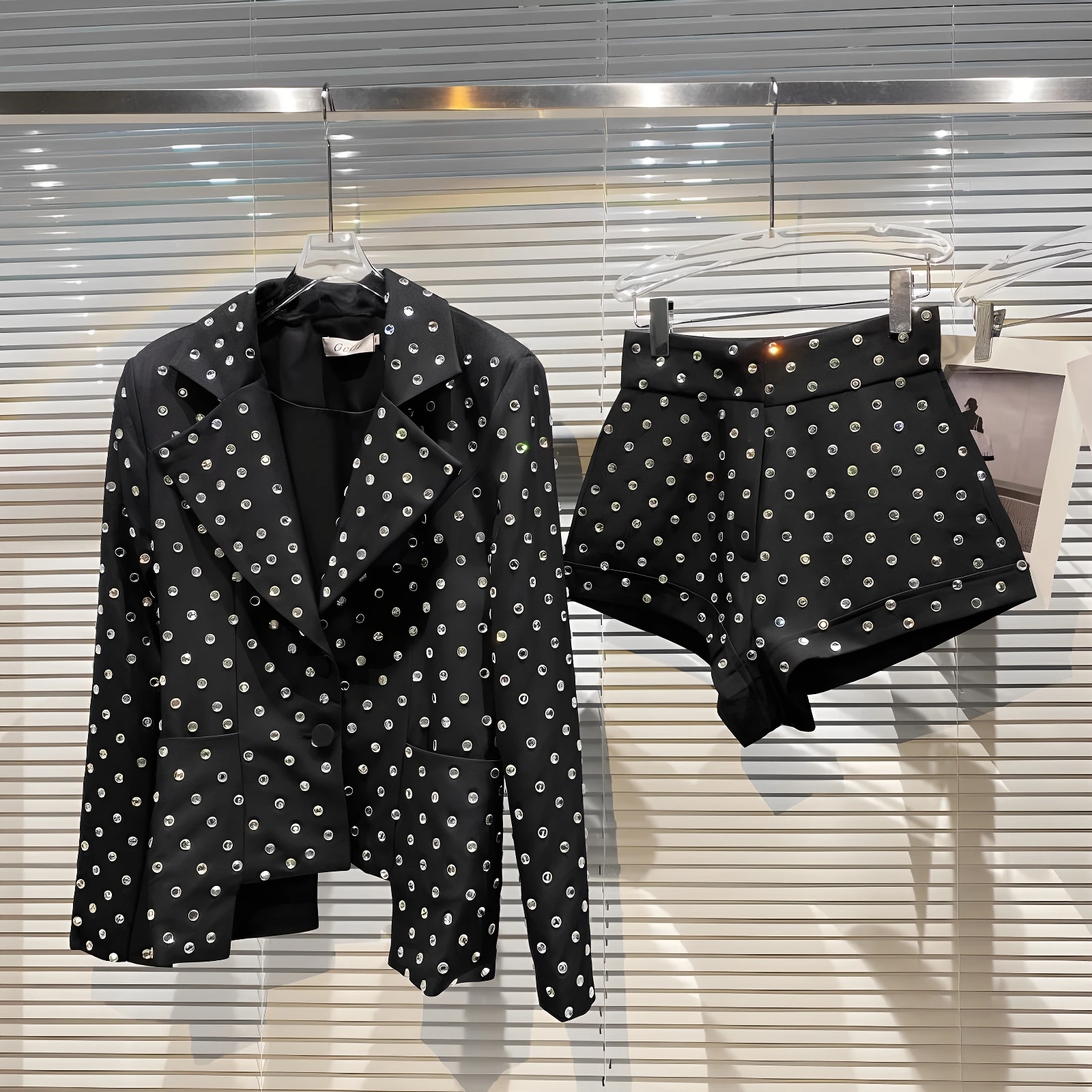 

Женский костюм Heavy Du с крупными частицами и стразами, модный комплект из двух предметов, брюки Ele Sle для женщин