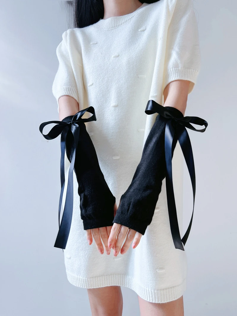 أنيقة الشريط الزخرفية طويلة أصابع قفازات لطيف Bowknot اليد الأكمام المراهقين الفتيات محبوك أكمام أذرع تبريد فستان الملحقات