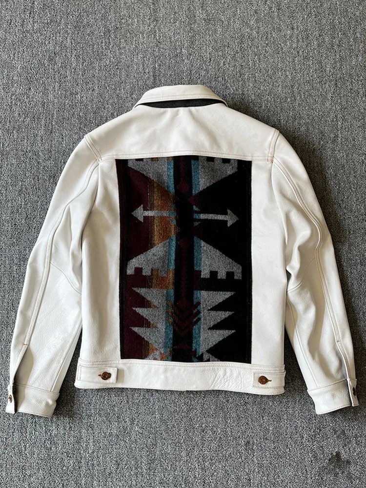 أزياء رجالي الخريف موتو السائق جلد البقر سترة جلدية حقيقية واحدة الصدر خمر نمط المرقعة معطف العمل حجم كبير 5XL