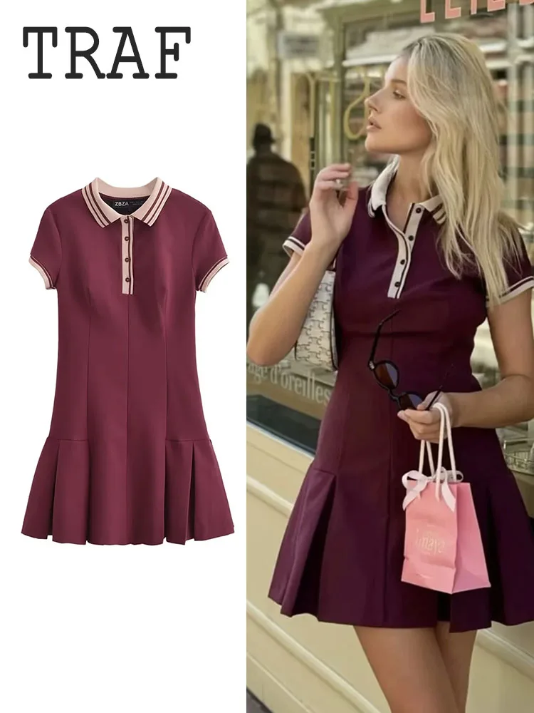 TRAF Vibrant Girlish Style Short Dresses For Woman Ribbed Wide Fold Polo Collar Knitted Mini Dress Fashion New Women's Clothing