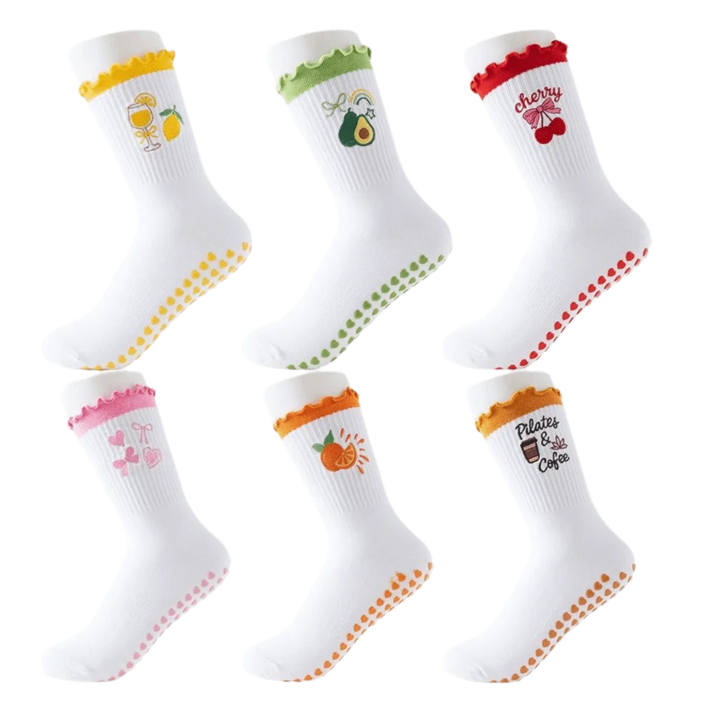 

New Cotton Pilates Socks Breathable Harajuku Street Cherry Embroidery Socks Non-Slip Grip Casual Yoga Socks