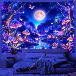 Boho Mushroom Butterfly UV Reaction Wall Tapestry Forest Moon Neon Tapestries Hippie Bedroom Aesthetic Dorm Decor Party Decor