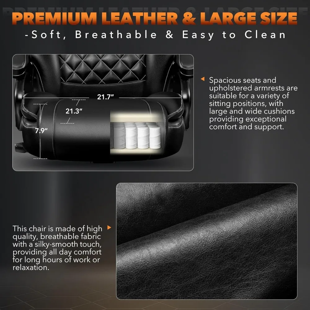 كرسي مكتب كبير وطويل للأشخاص الثقيلين بوزن 500 رطل، كرسي مكتب تنفيذي من الجلد مع دعم قطني مريح قابل للتعديل وثي #5