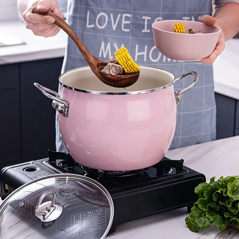 Heightening Enamelled Stockpot with Glass Lid Ceramic Soup Pot Double Ear Saucepan Casserole Gas Induction Universal Cooker 22cm